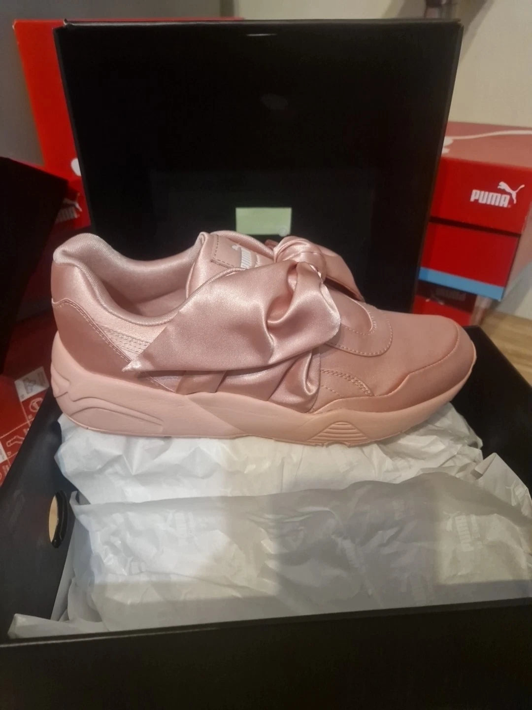 Fenty Puma Baby Pink Satin Finish Bow Trainers, Size 6.5